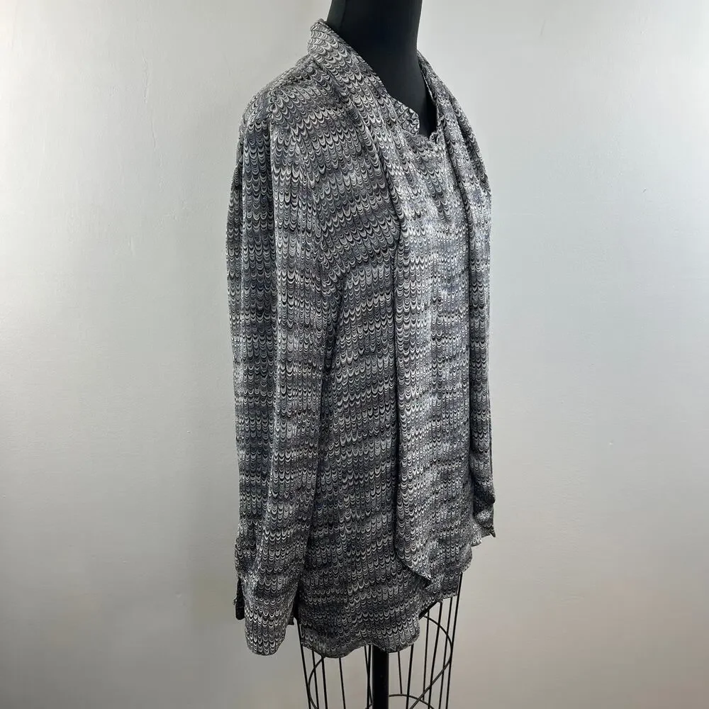 TORY BURCH Tie-Neck Gray Marble Print Silk Blouse Long Sleeves Relaxed Fit Sz M